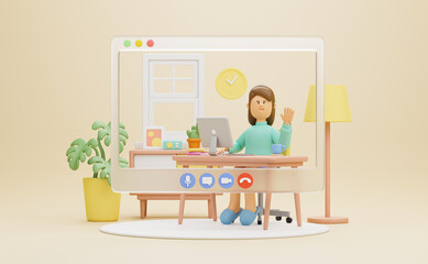 Work from home office quarantine. Freelancer character working business from home using remotely laptop computer video call online webcam conference meeting creative group. 3d rendering.