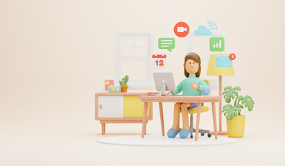 Work from home office quarantine. Freelancer character working business from home using remotely laptop computer video call online webcam conference meeting creative group. 3d rendering.