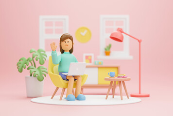 Work from home office quarantine. Freelancer character working business from home using remotely laptop computer video call online webcam conference meeting creative group. 3d rendering.