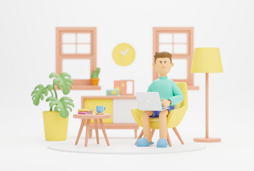 Work from home office quarantine. Freelancer character working business from home using remotely laptop computer video call online webcam conference meeting creative group. 3d rendering.