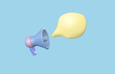 3D rendering megaphone equipment, speech bubble icon for design concept of announcement. 3D Render illustration.