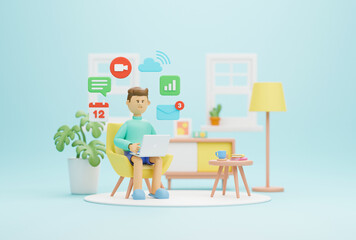 Work from home office quarantine. Freelancer character working business from home using remotely laptop computer video call online webcam conference meeting creative group. 3d rendering.
