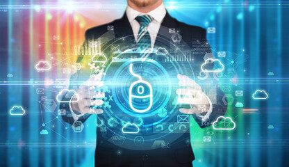 Businessman holding technology icon concept