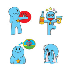 The blue cartoon figure is doing various poses. used in daily life