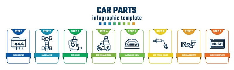 car parts concept infographic design template. included car demister, car chassis, choke, luggage rack, parcel shelf, wheel brace, crankshaft, numberplate icons and 8 options or steps.
