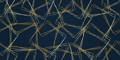 Dark Abstract Background, Overlapping Golden Squares Pattern - Geometrical Art Deco Style Graphic Design for Cards, Covers, Flyers - Minimalist Line-Art Collection for Web, Brochures or Decoration