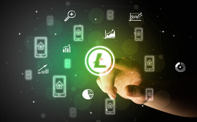 Businessman finger touching on screen multimedia interface with hand drawn currency icons