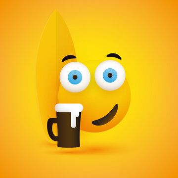 Simple Happy Cheerful Drinking Surfer Emoticon with Wide Open Pop Out Blue Eyes and a Beer Bug, Beside a Surfboard - Vector Design for Web and Online Apps on Yellow Background