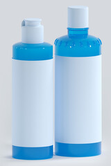 3d rendering, blue transparent bottle, care products, disinfectant