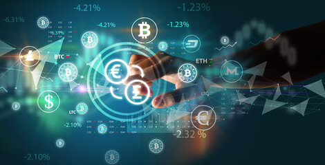 Business person hand pushing currency symbol on multimedia touch screen