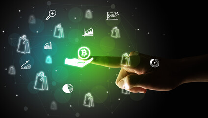 Businessman finger touching on screen multimedia interface with hand drawn currency icons