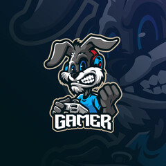 Rabbit gamer mascot logo design vector with modern illustration concept style for badge, emblem and t shirt printing.Rabbit illustration with joystick in hand.