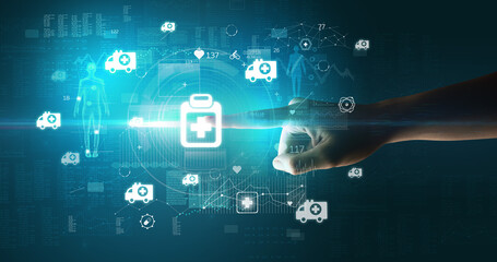 Fototapeta premium Doctor hand pressing futuristic health device with medical symbol on screen