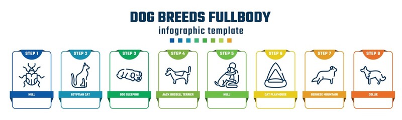 dog breeds fullbody concept infographic design template. included null, egyptian cat, dog sleeping, jack russell terrier, null, cat playhouse, bernese mountain, collie icons and 8 options or steps.