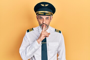 Handsome middle age man with grey hair wearing airplane pilot uniform asking to be quiet with finger on lips. silence and secret concept.