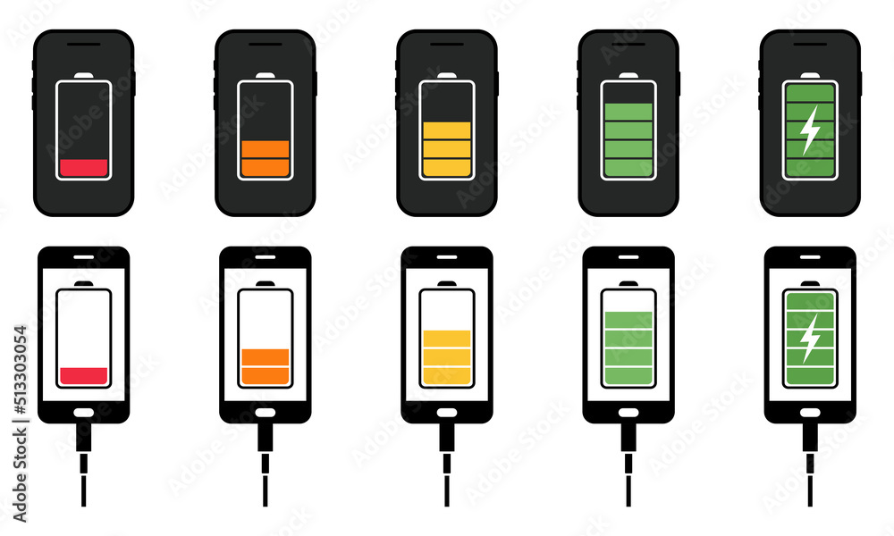 Poster charging battery on smartphone display. level battery on screen phone. indicator charge from low to 