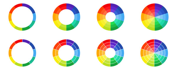 Colour wheels vector set. Circular colorful palette. Multicolor circle. Colour hue.