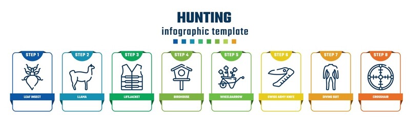 hunting concept infographic design template. included leaf insect, llama, lifejacket, birdhouse, wheelbarrow, swiss army knife, diving suit, crosshair icons and 8 options or steps.