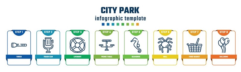 city park concept infographic design template. included torch, trash can, lifebuoy, picnic table, seahorse, null, food basket, balloons icons and 8 options or steps.