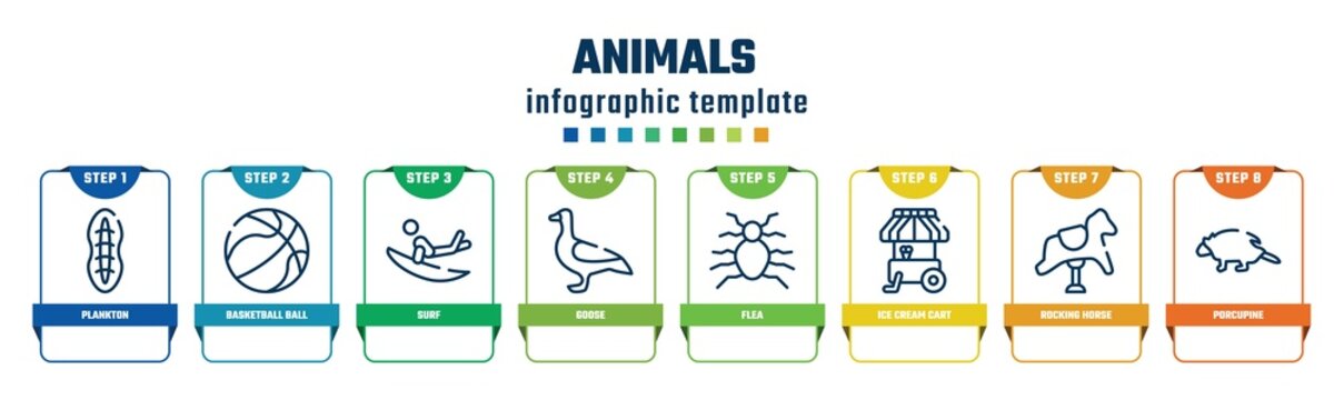 Animals Concept Infographic Design Template. Included Plankton, Basketball Ball, Surf, Goose, Flea, Ice Cream Cart, Rocking Horse, Porcupine Icons And 8 Options Or Steps.