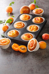 Freshly baked summer muffins with fresh apricots close-up in a muffin pan on the table. Vertical