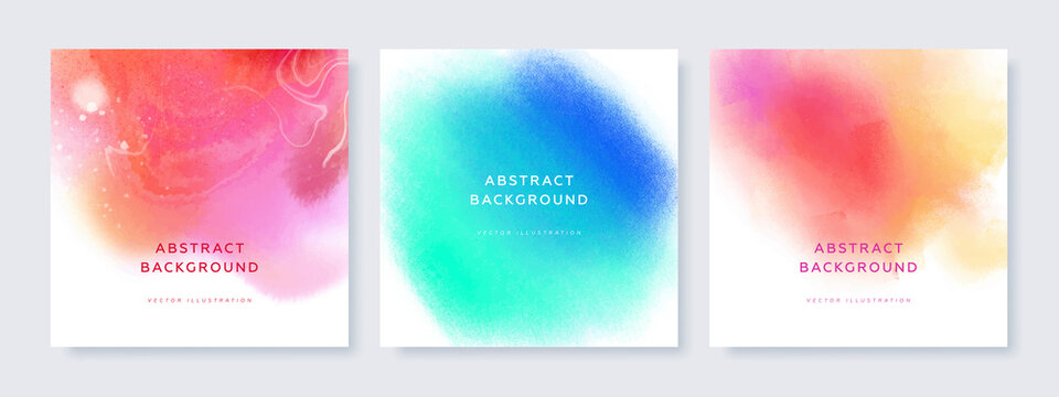 Set of abstract square banner, card or cover design template. Hand painted pink and blue background. Vector illustration