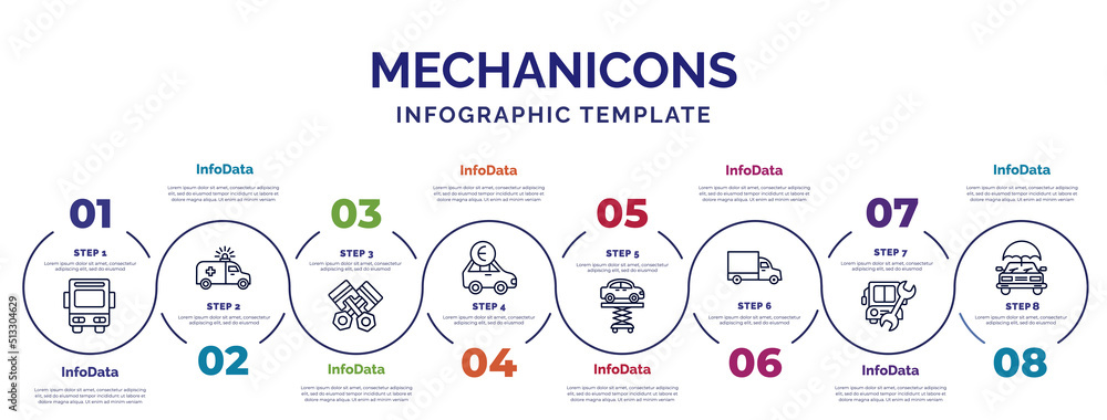 Aufkleber infographic template with icons and 8 options or steps. infographic for mechanicons concept. include