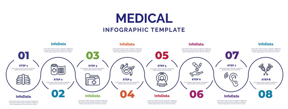 infographic template with icons and 8 options or steps. infographic for medical concept. included x ray, medical records, pancreas, scan, antibiotic, ear, crutches icons.