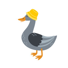 Grey goose character wearing yellow panama hat, isolated on white, vector Icon. Flat cartoon illustration, clipart.