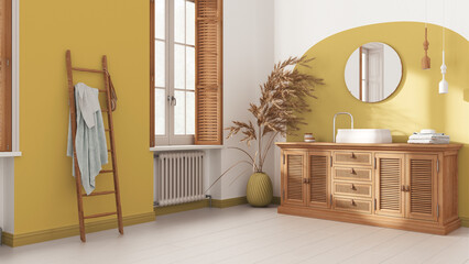 Vintage bathroom in white and yellow tones, rattan wooden washbasin, chest of drawers, mirror, towel rack and decor. Parquet and window with shutters. Modern interior design