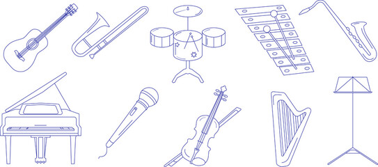 Vector outline black and white illustration set of musical instruments, xylophone, saxophone, grand piano, microphone, violin, harp, music stand,guitar,  drum set