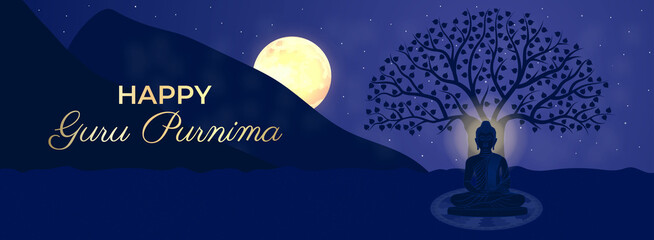 Happy Guru Purnima Gautama Buddha, Bodhi Tree, Moon, Night Sky, silhouette, stars, Mountains. Traditional Festival Horizontal Poster Banner Template Vector Illustration. Social media, website header - obrazy, fototapety, plakaty