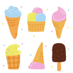 Hand drawn cheerful set of delicate ice cream in waffle cups, cone and on stick in style of doodle. Strawberry, pistachio, vanilla ice cream. Simple color icon. Flat vector illustration