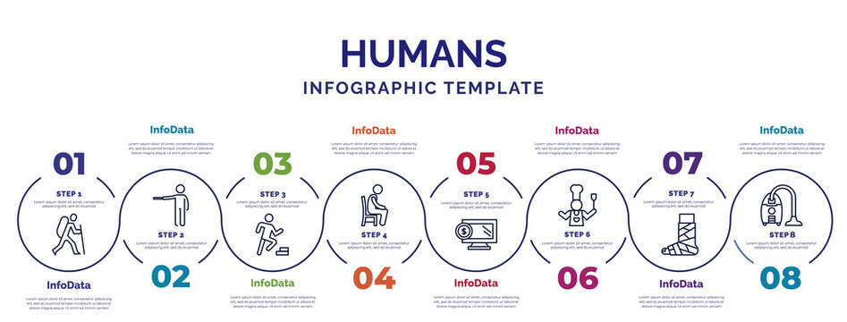 infographic template with icons and 8 options or steps. infographic for humans concept. included man in hike, smortsmen, sitting down, online business, kitchen chef, broken leg, vacuum cleaning