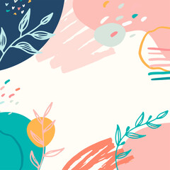 Minimalist abstract square background with outline leaves and Scandinavian color theme