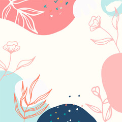 Minimalist abstract square background with outline leaves and Scandinavian color theme