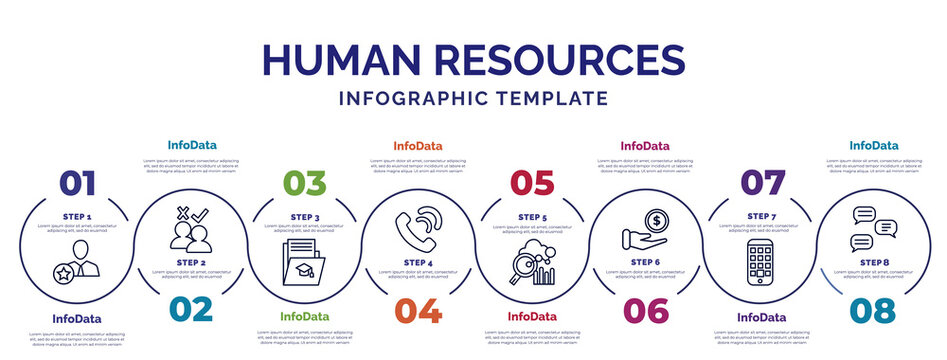 Infographic Template With Icons And 8 Options Or Steps. Infographic For Human Resources Concept. Included Behavioral Competency, Curriculum, Call, Benchmarking, Earnings, Application, Dialogue