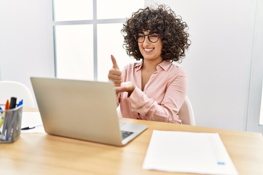 Young Middle East Woman Having Video Call Communicating With Deaf Language At Office