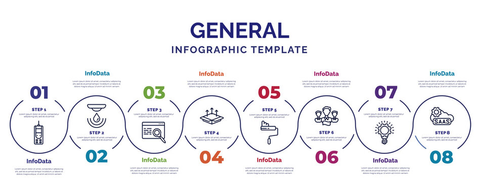 Infographic Template With Icons And 8 Options Or Steps. Infographic For General Concept. Included Laser Measurement, Sem, Product Release, Painting Work, Team Leader, Inspiration, Saas Icons.