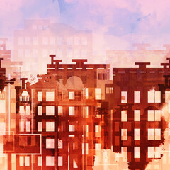 Urban view seamless border: houses, streets and sky. Digital art with mixed media texture - watercolour, acrylic. Endless motif for packaging, scrapbooking, textiles, decoupage paper.