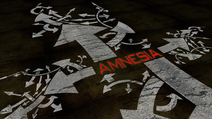 Amnesia text on a crossroad in different ways of arrows on grung