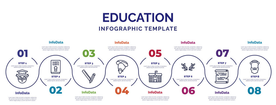 infographic template with icons and 8 options or steps. infographic for education concept. included owl, school material, don quixote, school, laurel wreath, papyrus, robinson crusoe icons.