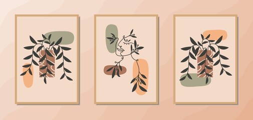 Aesthetic mid century modern wall art, poster template, and cover art with elegant woman line art portrait, flower in vase, and organic shapes for home decoration