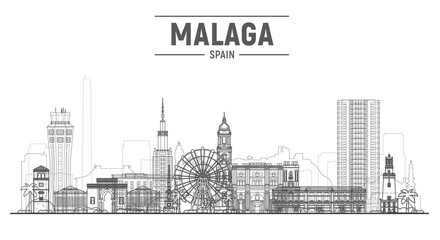 Malaga, Spain (Andalusia) line skyline with panorama at white background. Vector Illustration. Business travel and tourism concept with modern buildings. Image for banner or web site - obrazy, fototapety, plakaty