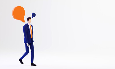 3D rendering illustration. Businessman with speech bubbles is  walking against  of white background with space for your text