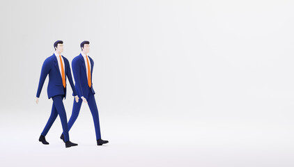 3D rendering illustration. Business people are  walking against  of white background with space for your text