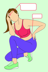 Squatting girl with back pain and headache, cartoon illustration