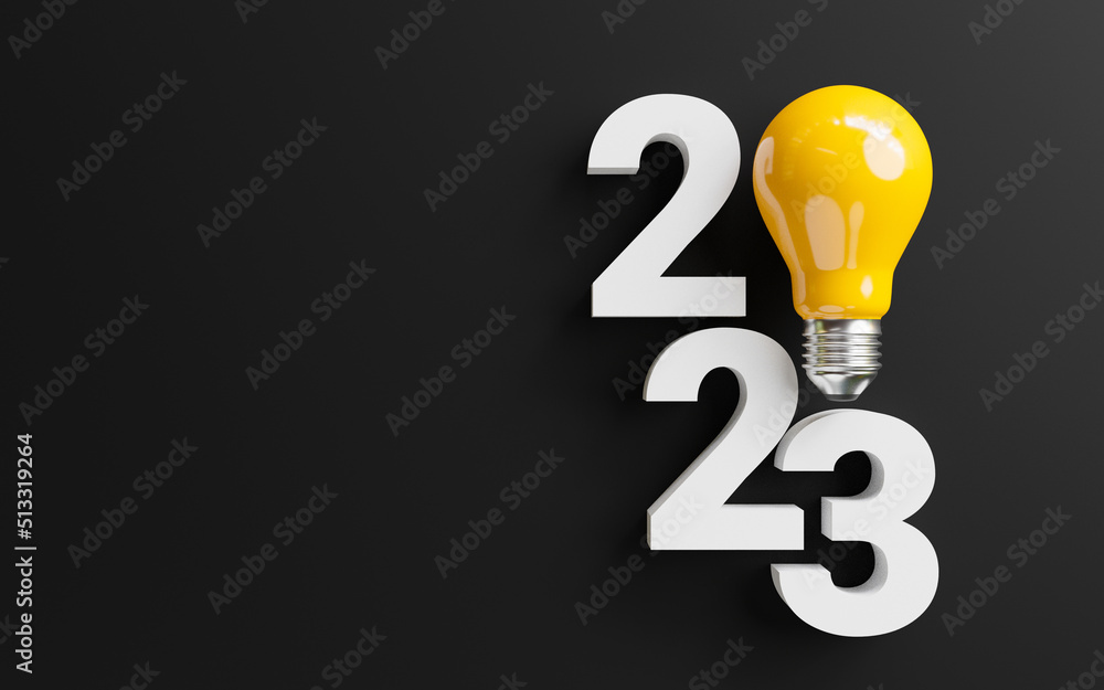 Poster 2023 with yellow lightbulb on black background for creative thinking idea for start new business of 