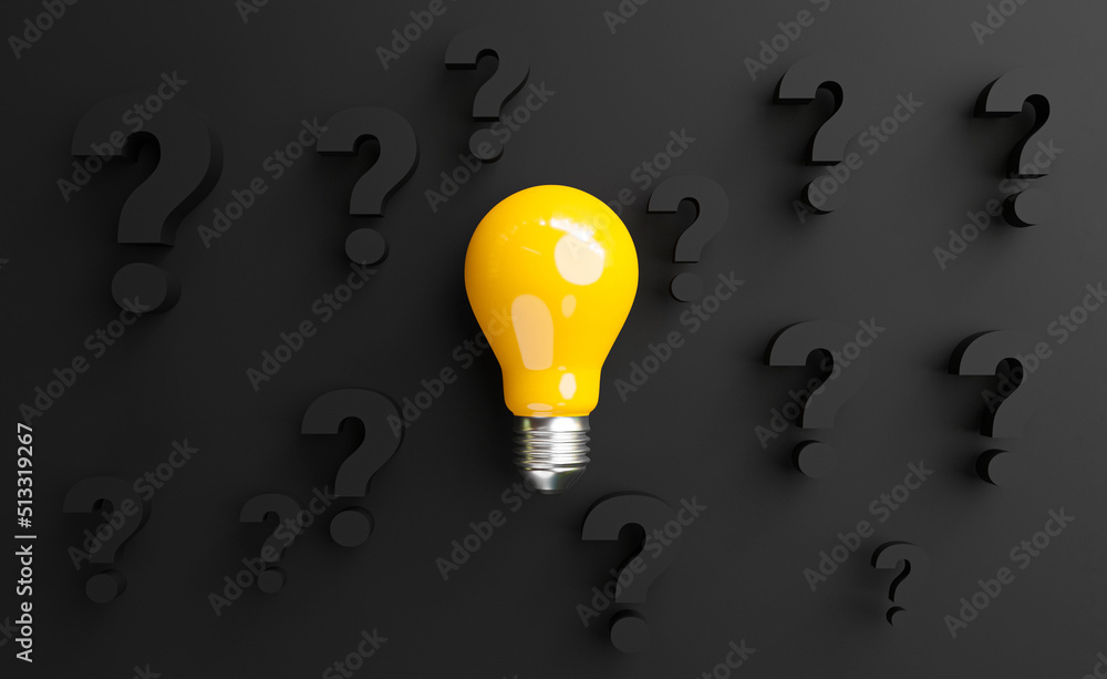 Poster yellow lightbulb on black question mark and black background for creative thinking idea and solution