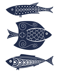 A set of stylized hand-drawn fish. Design elements for a postcard, poster, poster, brochure, cover, packaging, textiles, clothing, package.